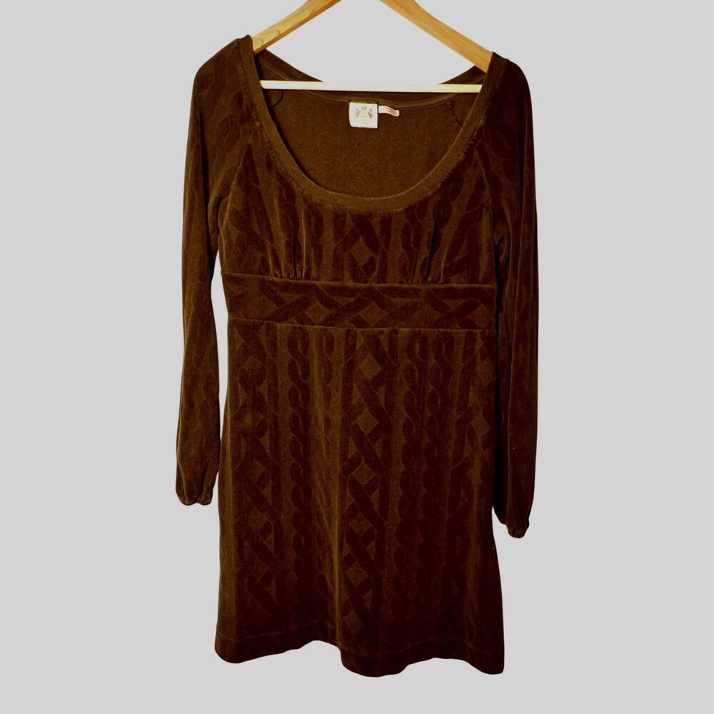 Y2K Juicy Couture Brown Velour Cable Knit Babydoll Dress Empire Waist Large USA